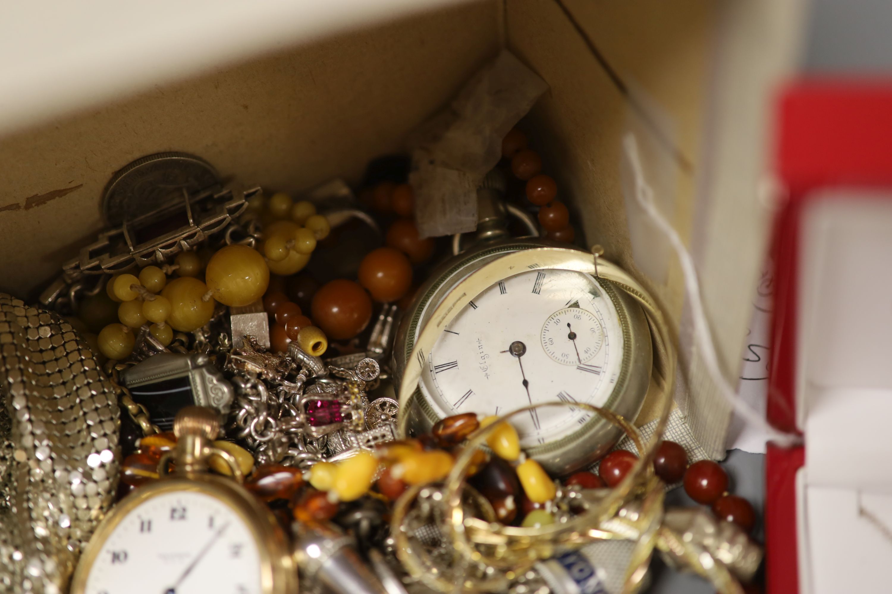 A quantity of mixed jewellery and watches including silver charm bracelet and other silver jewellery, Elgin and Waltham pocket watches, silver condiment etc.